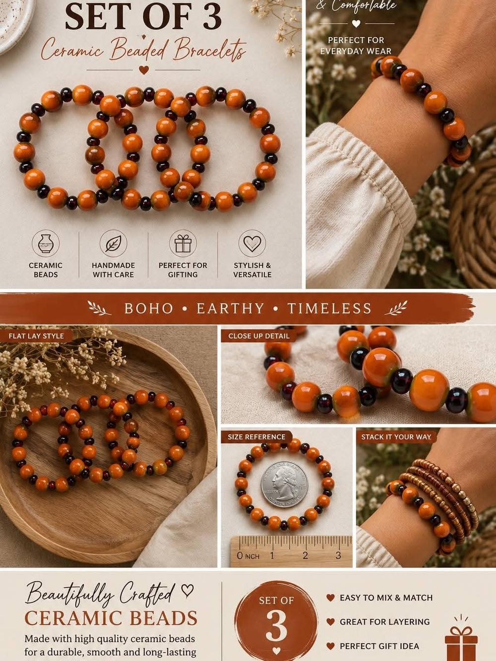 Set of 3 Ceramic Beaded Bracelets - Orange & Dark Brown